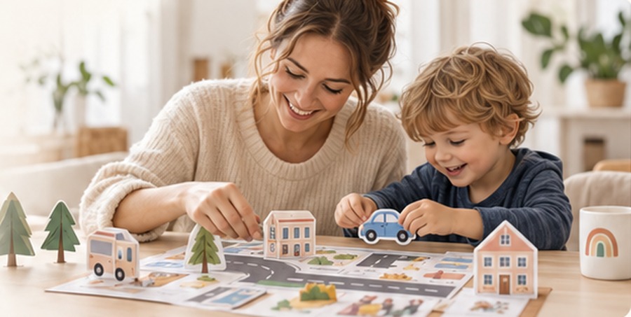 Mutter und Kind spielen gemeinsam mit einer ausgedruckten Spielidee